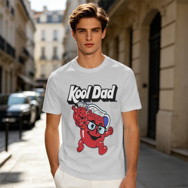 Olive green graphic t-shirt with Kool Dad and Kool-Aid mascot print