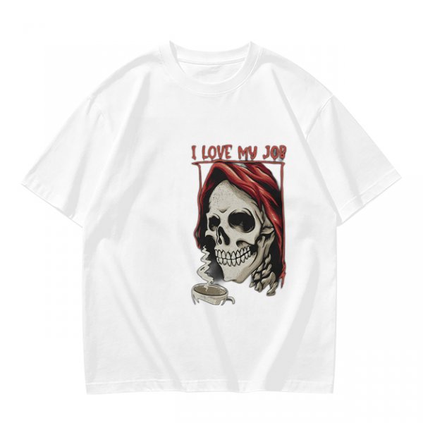 Olive Graphic T-Shirt with Skull and 'I Love My Job' Print