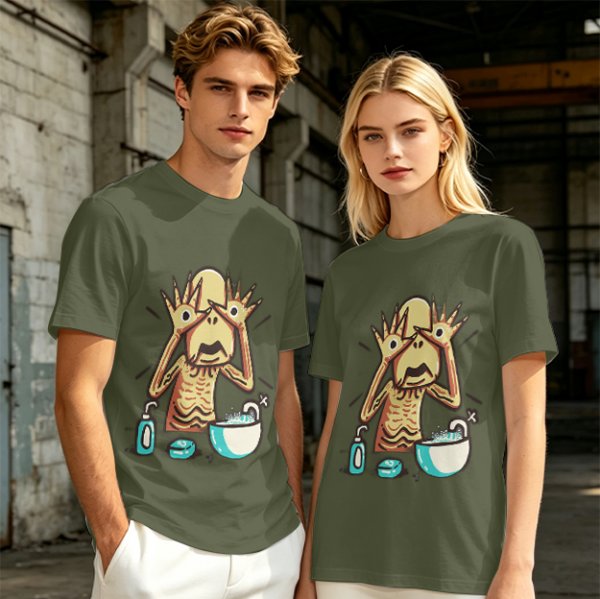 Olive T-shirt with a startled alien washing hands graphic