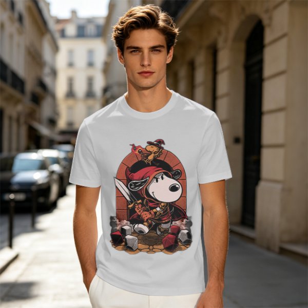 Olive T-Shirt Featuring Snoopy as a Fantasy Warrior with Woodstock