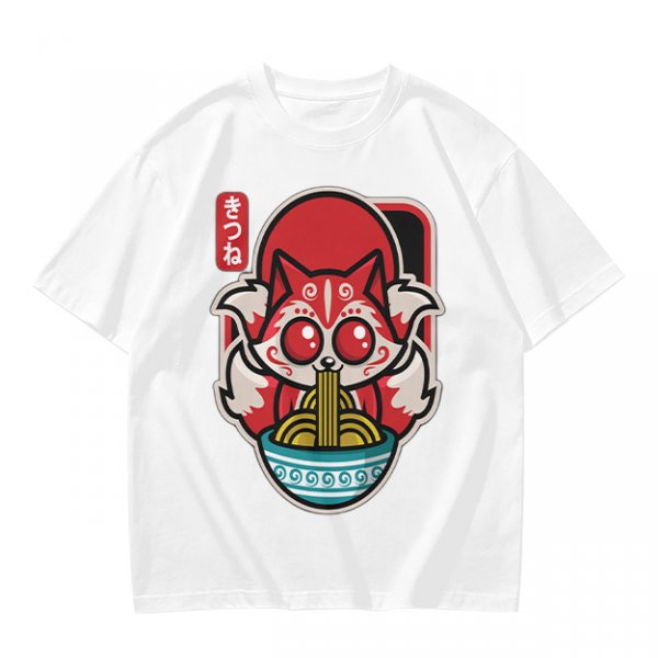 Olive t-shirt with cute kitsune fox eating ramen graphic