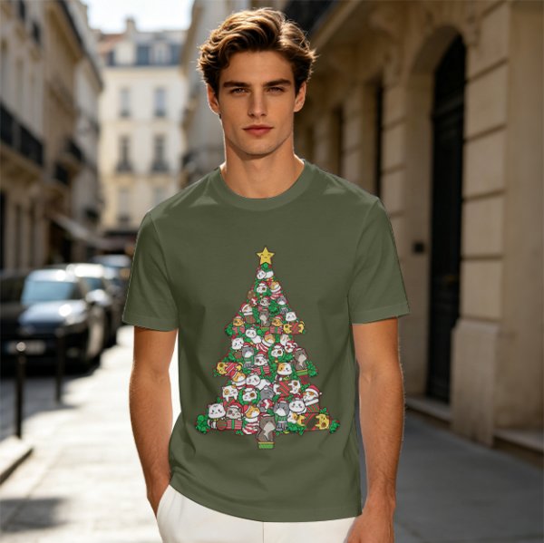 Olive T-Shirt With Cute Cat Christmas Tree Holiday Print
