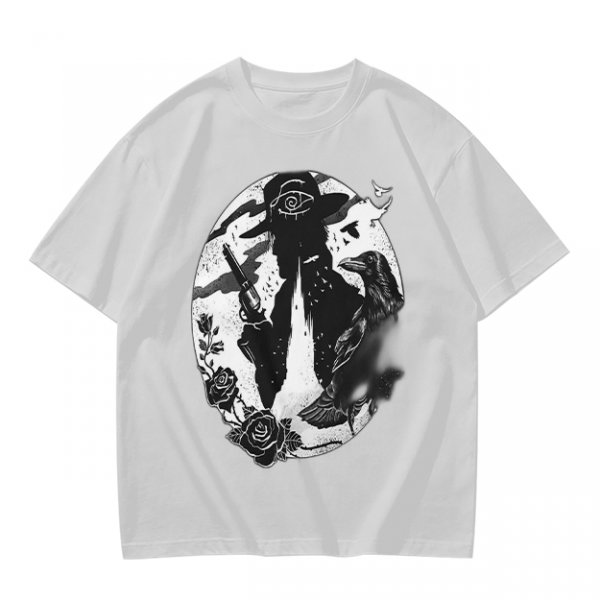 Olive T-Shirt With Western Gunslinger Crow And Roses Graphic