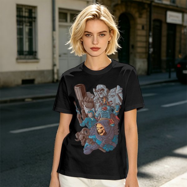 Olive T-shirt with 80s villain cartoon characters print