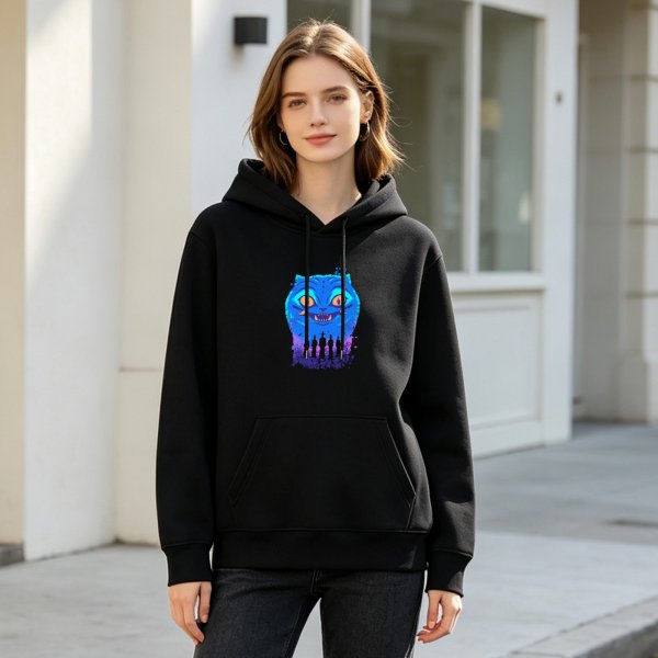 Black hoodie with blue Cheshire cat and silhouetted figures graphic