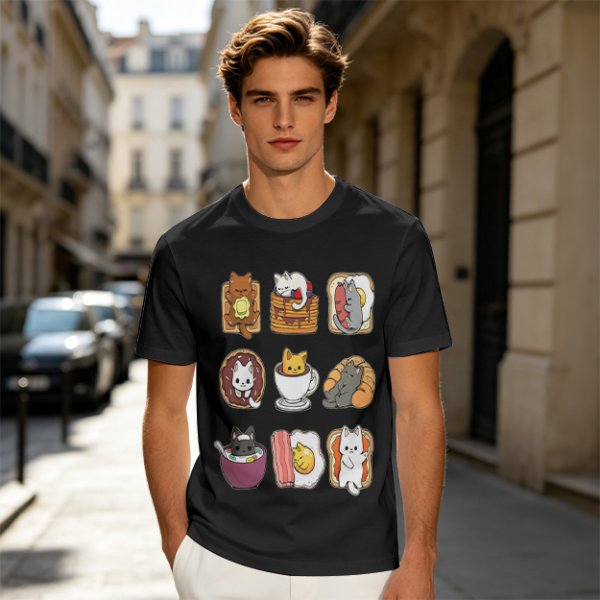 Olive T-Shirt With Cute Breakfast Cat Graphic Print