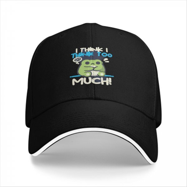 Black baseball cap with 'I think I think too much' anxious frog graphic