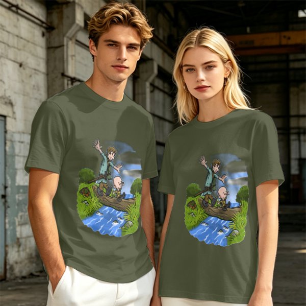 Olive T-shirt with Cartoon Boys Balancing on Log Over Stream