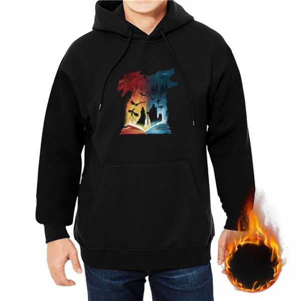 Black Hoodie With Fantasy Open Book Dragon Wolf Silhouette Art