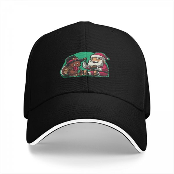 Black baseball cap with Santa and turkey Thanksgiving Christmas design