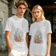 Olive green t-shirt with whimsical elf and dog artwork