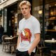 Olive green t-shirt with a sleeping orange cat on a red armchair print