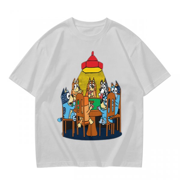 Olive green t-shirt with cartoon dogs playing poker under a hanging lamp
