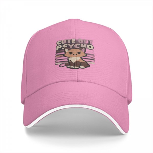 Black baseball cap with cute but psycho cat graphic