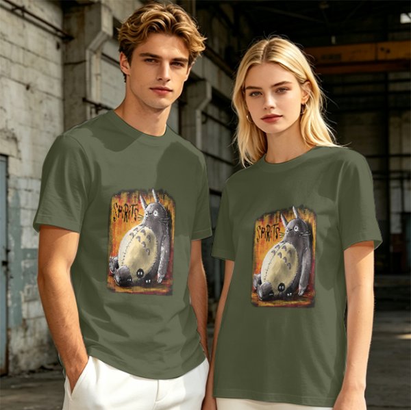 Olive green t-shirt with Totoro 'Spirits' graphic print