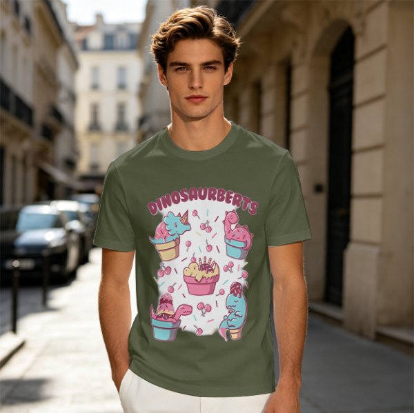 Olive T-Shirt With Cute Dinosaur Ice Cream Graphic Print
