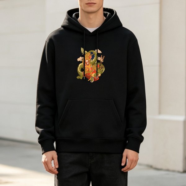 Black Hoodie With Traditional Dragon And Ramen Artwork