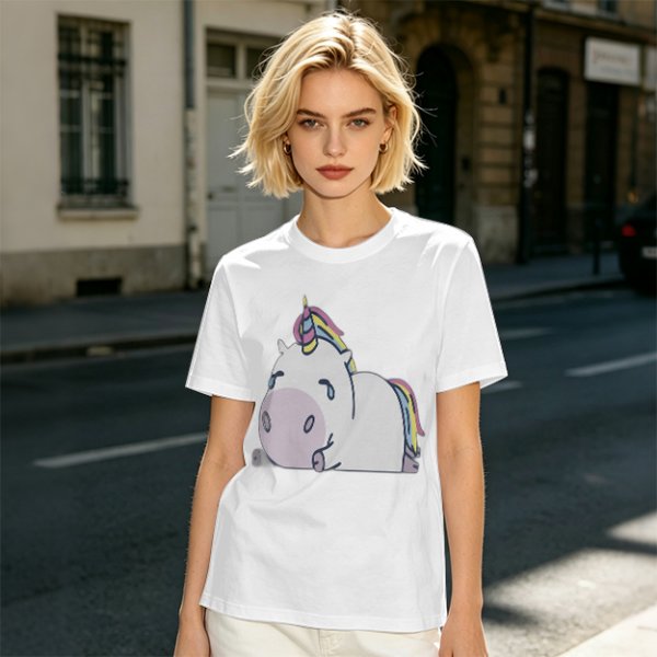 Olive Green T-Shirt With Crying Chubby Unicorn Rainbow Print