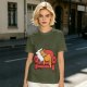 Olive green t-shirt with a sleeping orange cat on a red armchair print
