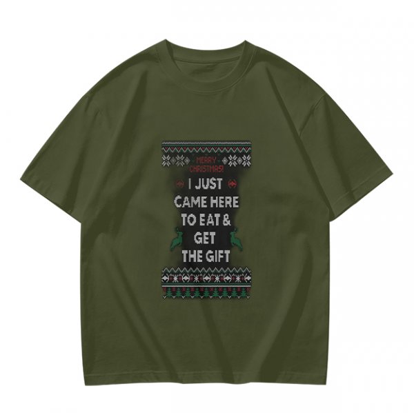 Olive Christmas T-Shirt With 'I Just Came Here To Eat & Get The Gift' Print