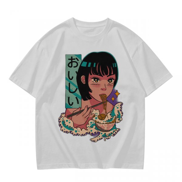 Olive anime graphic t-shirt with girl eating ramen and Japanese text