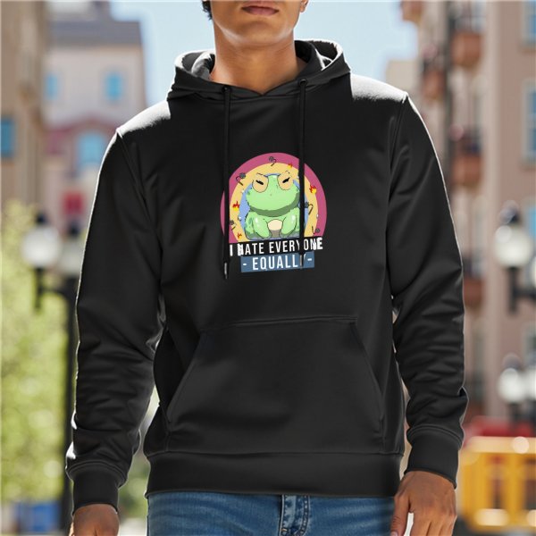 Black hoodie with frog graphic and 'I have everyone equally' text