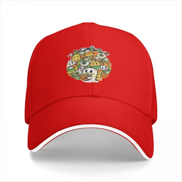 Black baseball cap with cute Halloween doodle art print