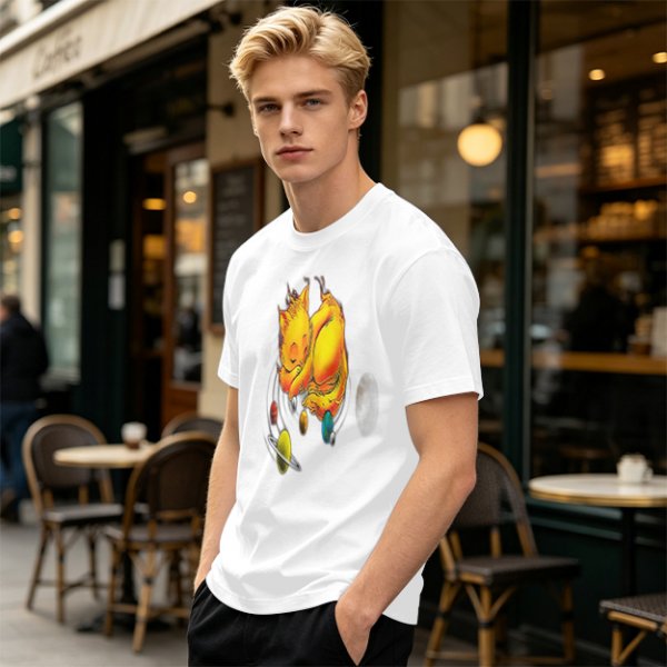 Olive T-Shirt With Sleeping Cosmic Cat And Planets Graphic