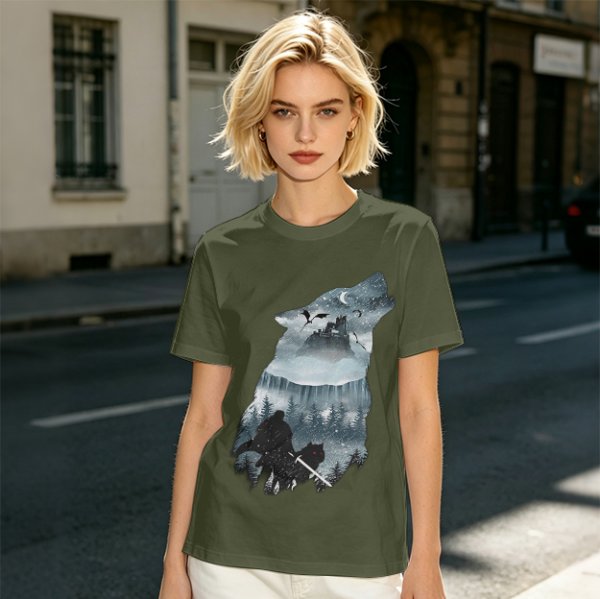 Olive T-Shirt With Howling Wolf Silhouette Winter Fantasy Art Print