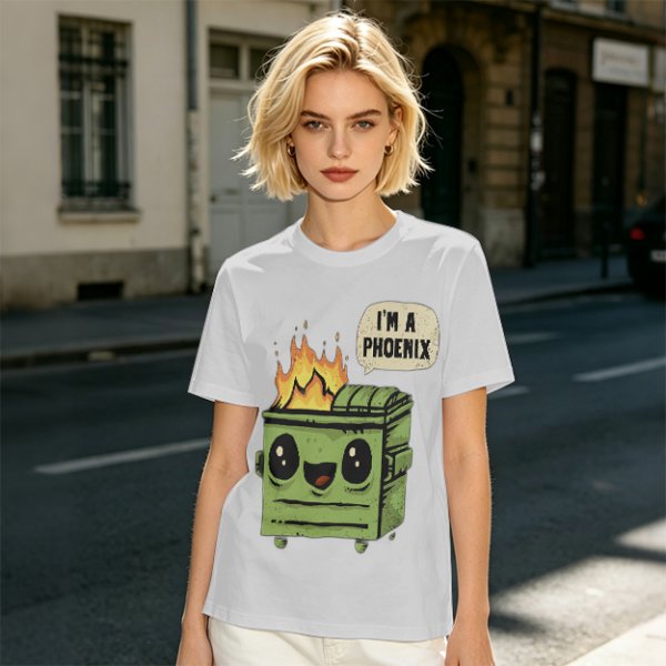 Olive green t-shirt with a cartoon dumpster on fire saying I'm a phoenix