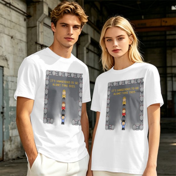 Olive t-shirt with retro video game 'It's dangerous to go alone' print