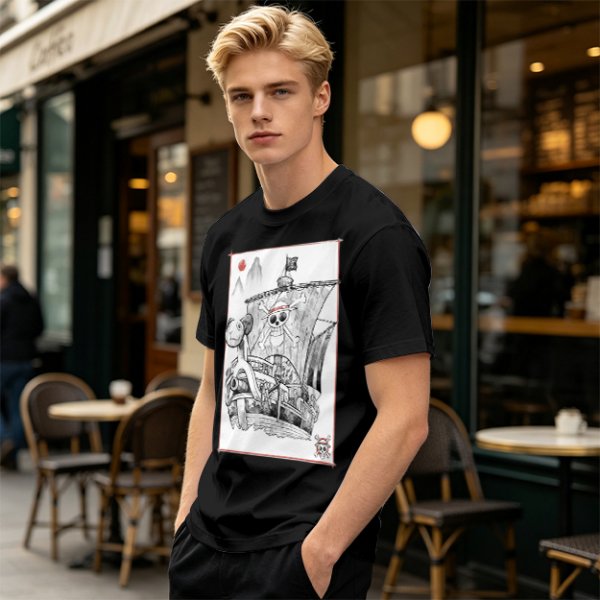 Olive T-shirt with Straw Hat Pirate Ship Art Print