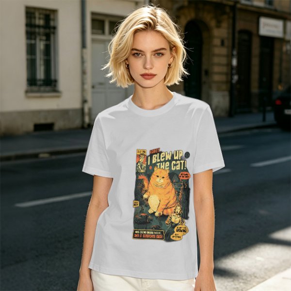 Olive t-shirt with vintage comic style 'I Blew Up The Cat!' print