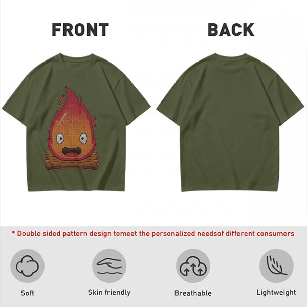Olive T-Shirt With Cute Calcifer Fire Demon Print