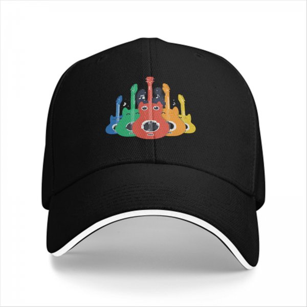 Black Baseball Cap With Colorful Cat Guitar Graphic Design