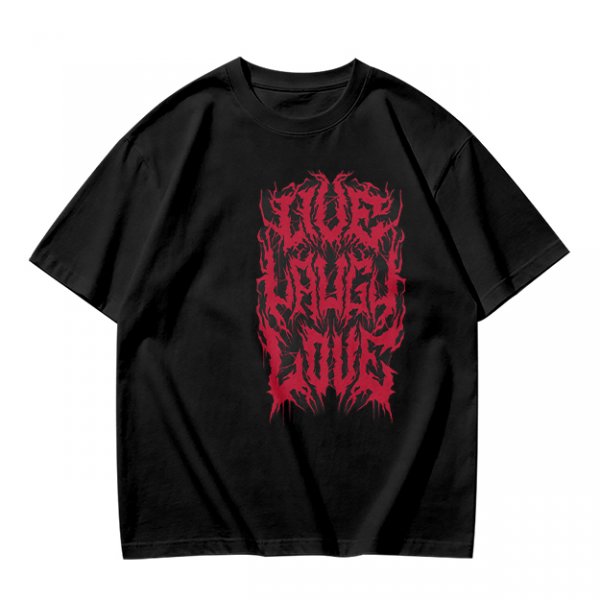 Olive green graphic t-shirt with dark metal style Live Laugh Love print