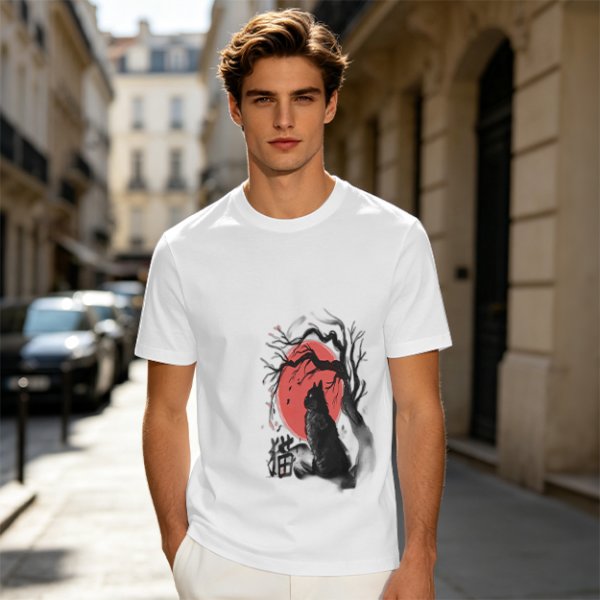 Olive T-Shirt with Black Cat and Red Moon Gothic Art Print