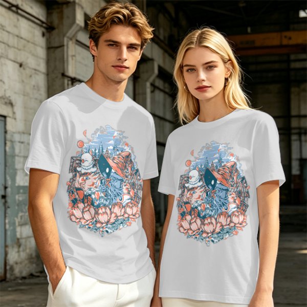 Olive T-Shirt with Whimsical Fantasy Character and Floral Art Print