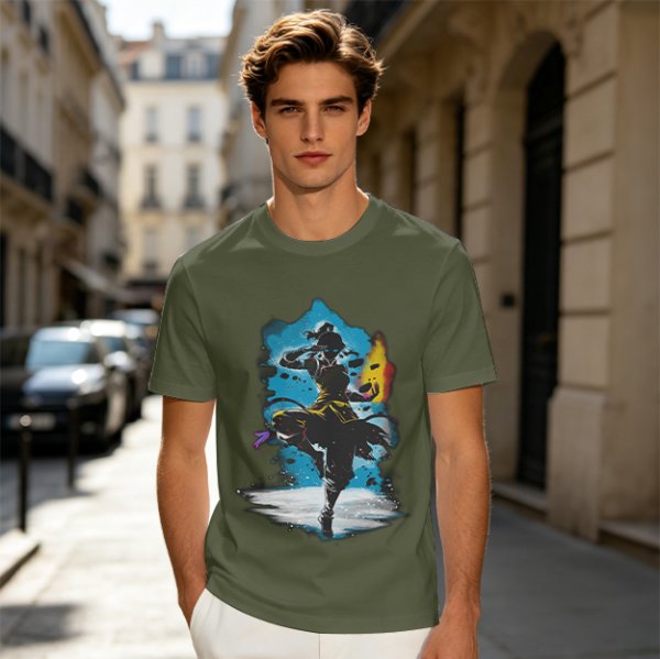 Olive T-Shirt With Fantasy Martial Artist Silhouette Graphic