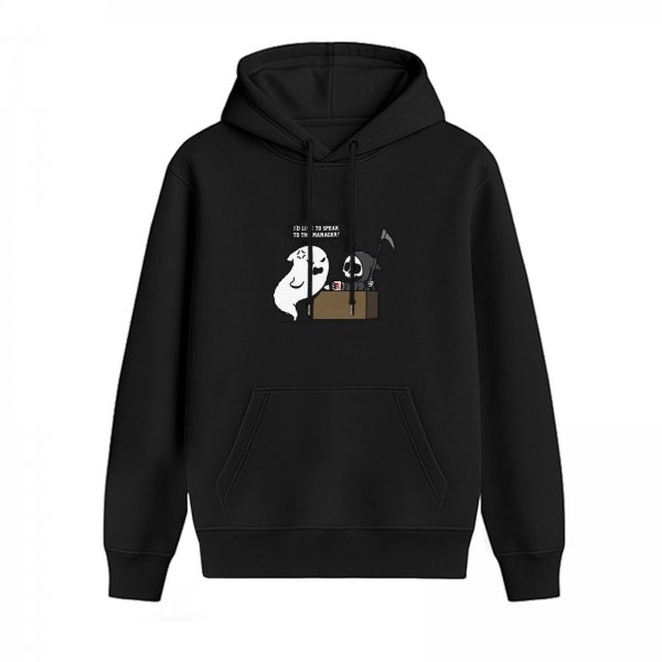 Black hoodie with ghost and grim reaper 'speak to manager' graphic