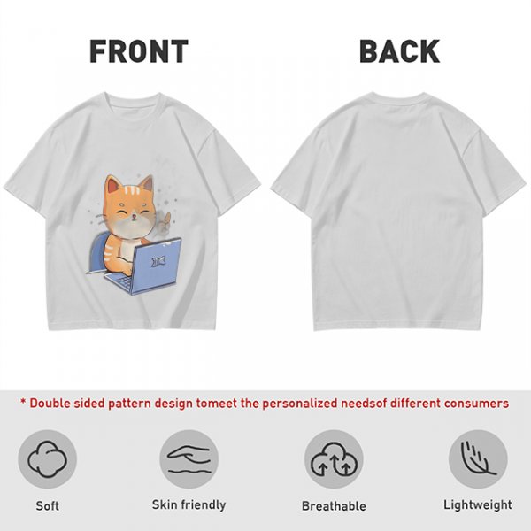 Olive T-Shirt With Cute Orange Cat Working On Laptop Print