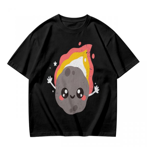 Olive green t-shirt with cute cartoon flaming asteroid graphic