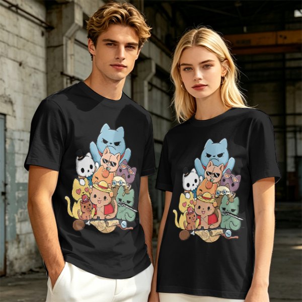 Olive T-Shirt With Chibi Pirate Cats Group Graphic