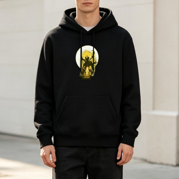 Black Hoodie With Fantasy Monster And Small Figure Under Full Moon Art