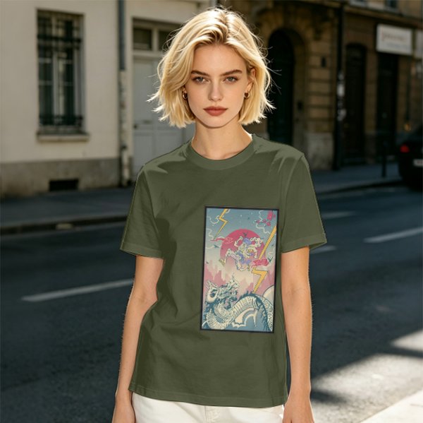 Olive T-shirt with Japanese style dragon and lightning graphic print