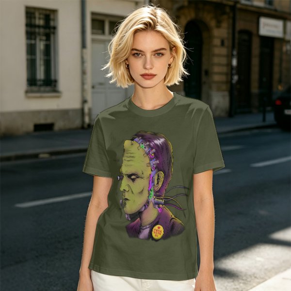 Olive T-Shirt with Frankenstein Monster Portrait Print