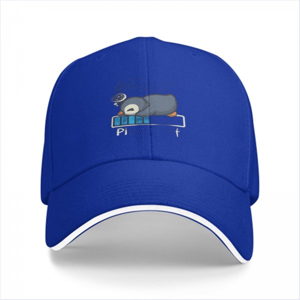 Black baseball cap with sleepy penguin low battery graphic