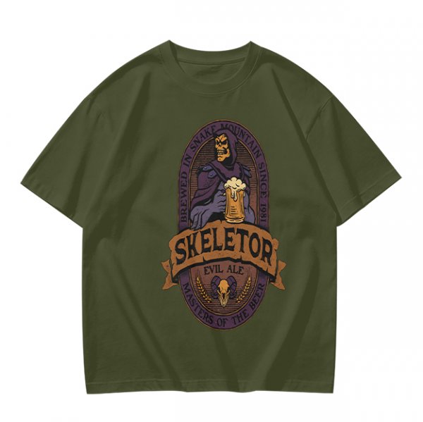 Olive green t-shirt with Skeletor Evil Ale beer graphic