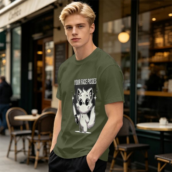 Olive graphic t-shirt with angry cartoon cat holding knife