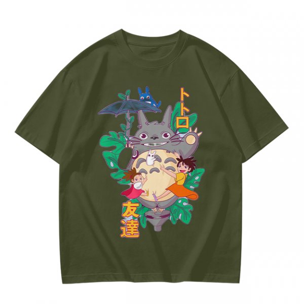 My Neighbor Totoro Graphic T-Shirt with Anime Characters and Leaves